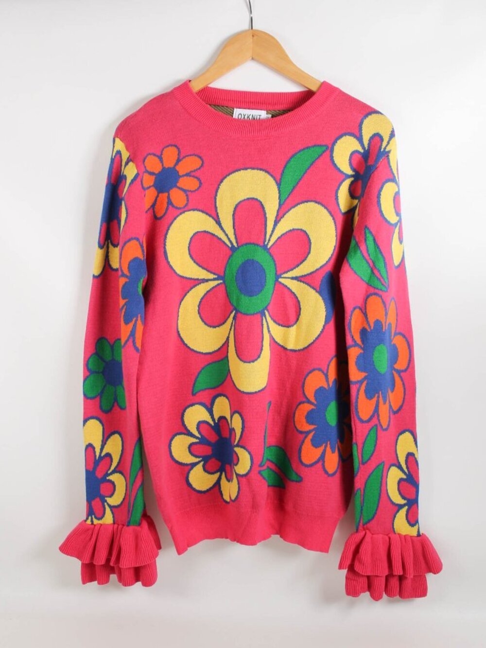 OXKNIT 2XL (P2P 21") Pink Floral Sweater Ruffle Sleeve 100% Cotton